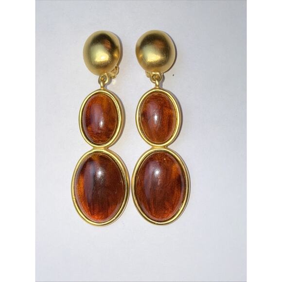 Vintage Gold Tone Givenchy Earrings Translucent Amber Drop Style Clip On 2.5” - Picture 1 of 8